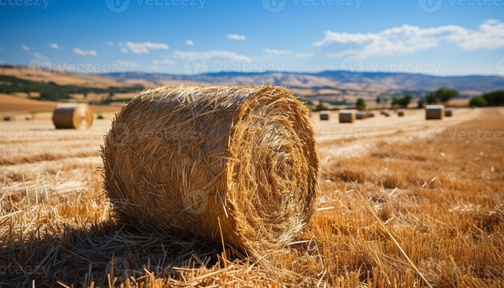AI generated Agriculture beauty in nature rolled up hay bales in meadow generated by AI photo