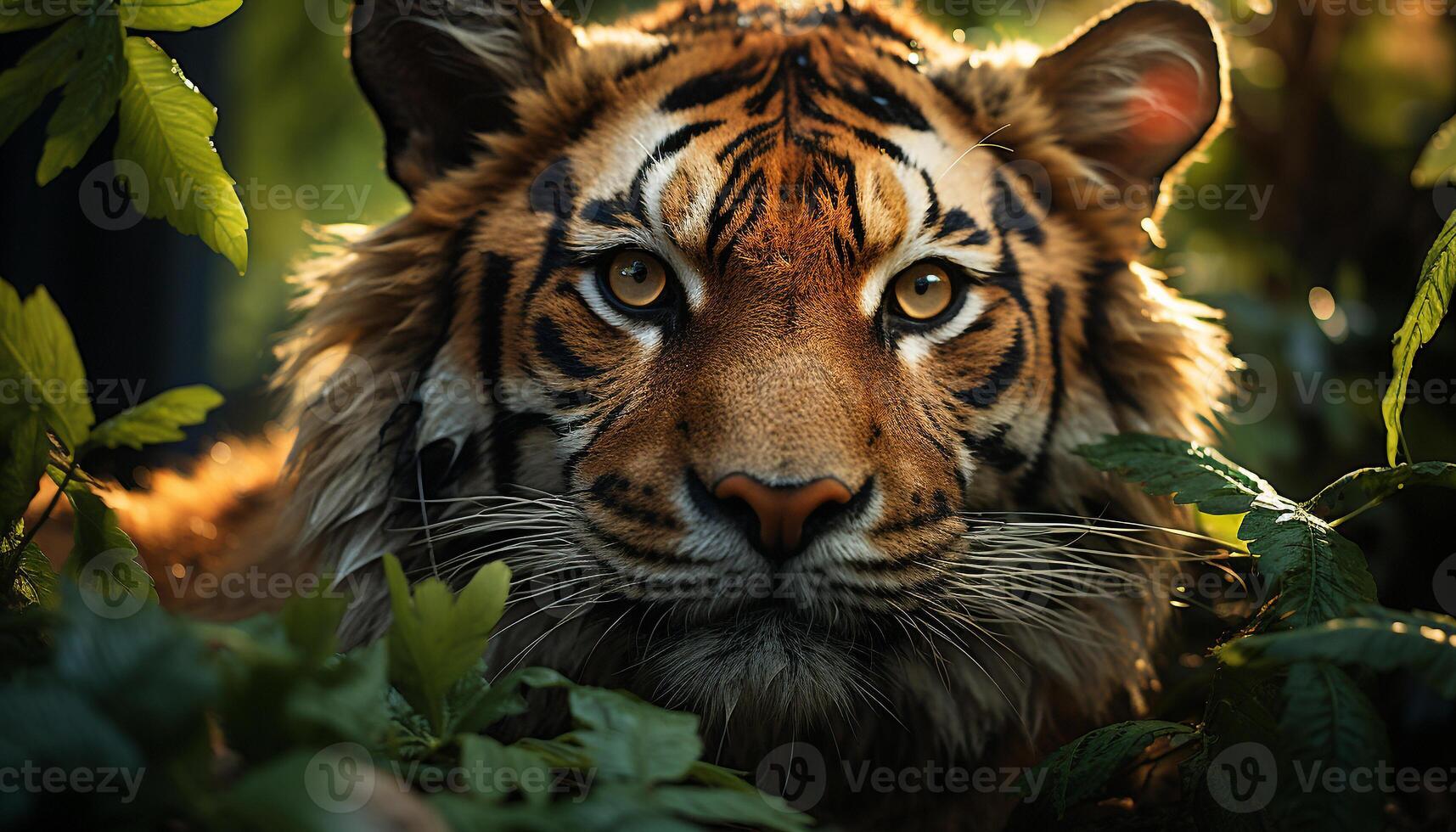 AI generated Bengal tiger, fierce and majestic, hides in tropical rainforest generated by AI photo