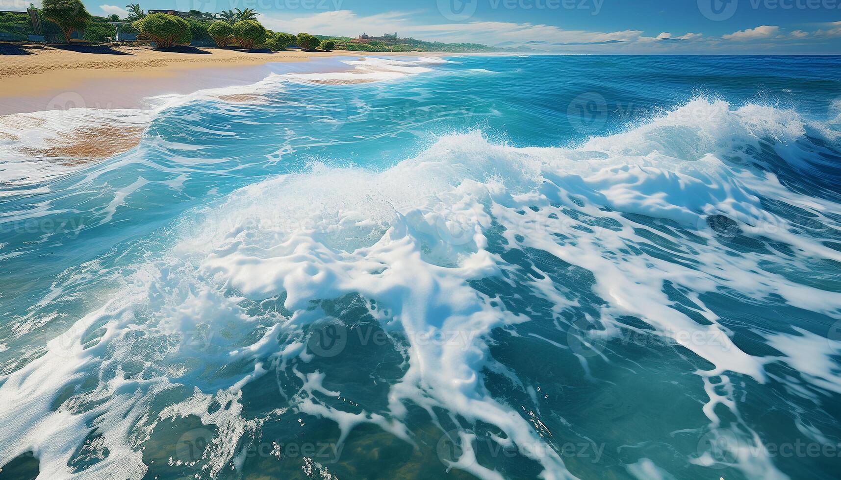 AI generated Blue wave splashing on sandy coastline, nature tranquil beauty generated by AI photo