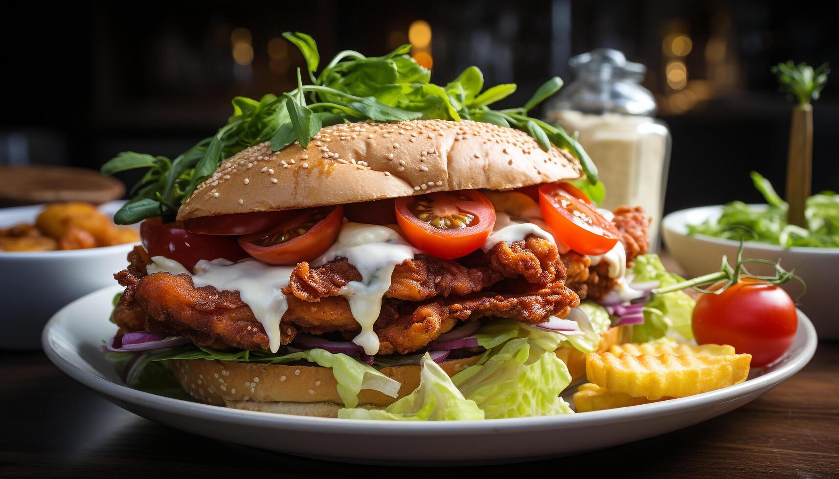 ai generado A la parrilla carne de vaca hamburguesa en de madera plato con Fresco ensalada generado por ai foto