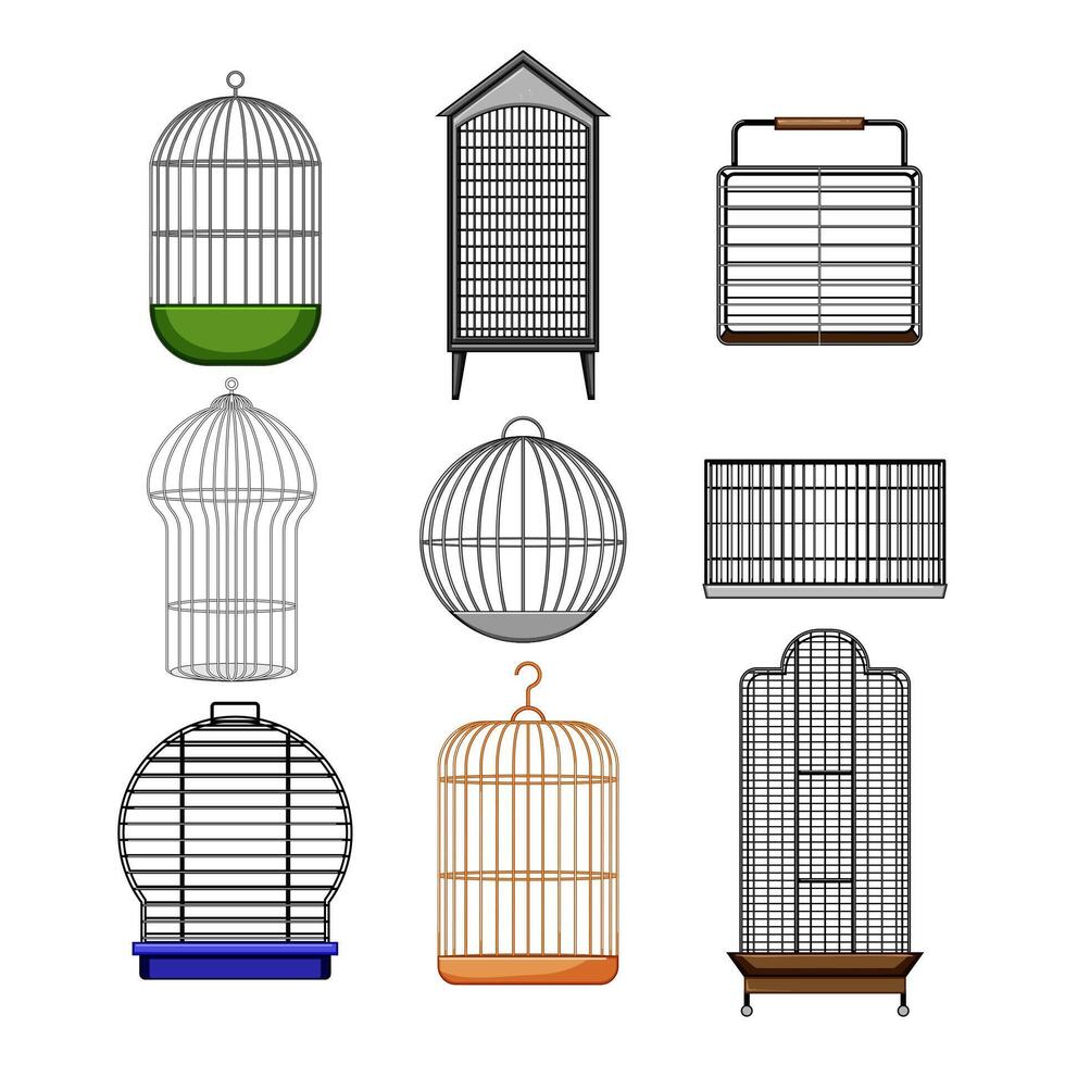 bird cage set cartoon vector illustration