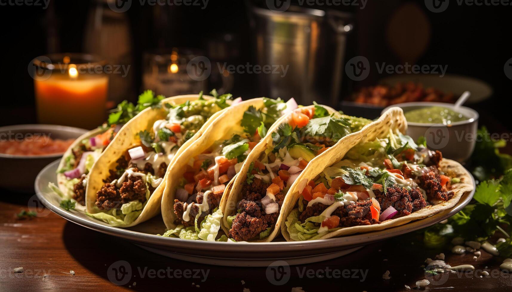 AI generated Grilled beef taco with fresh guacamole on flatbread plate generated by AI photo