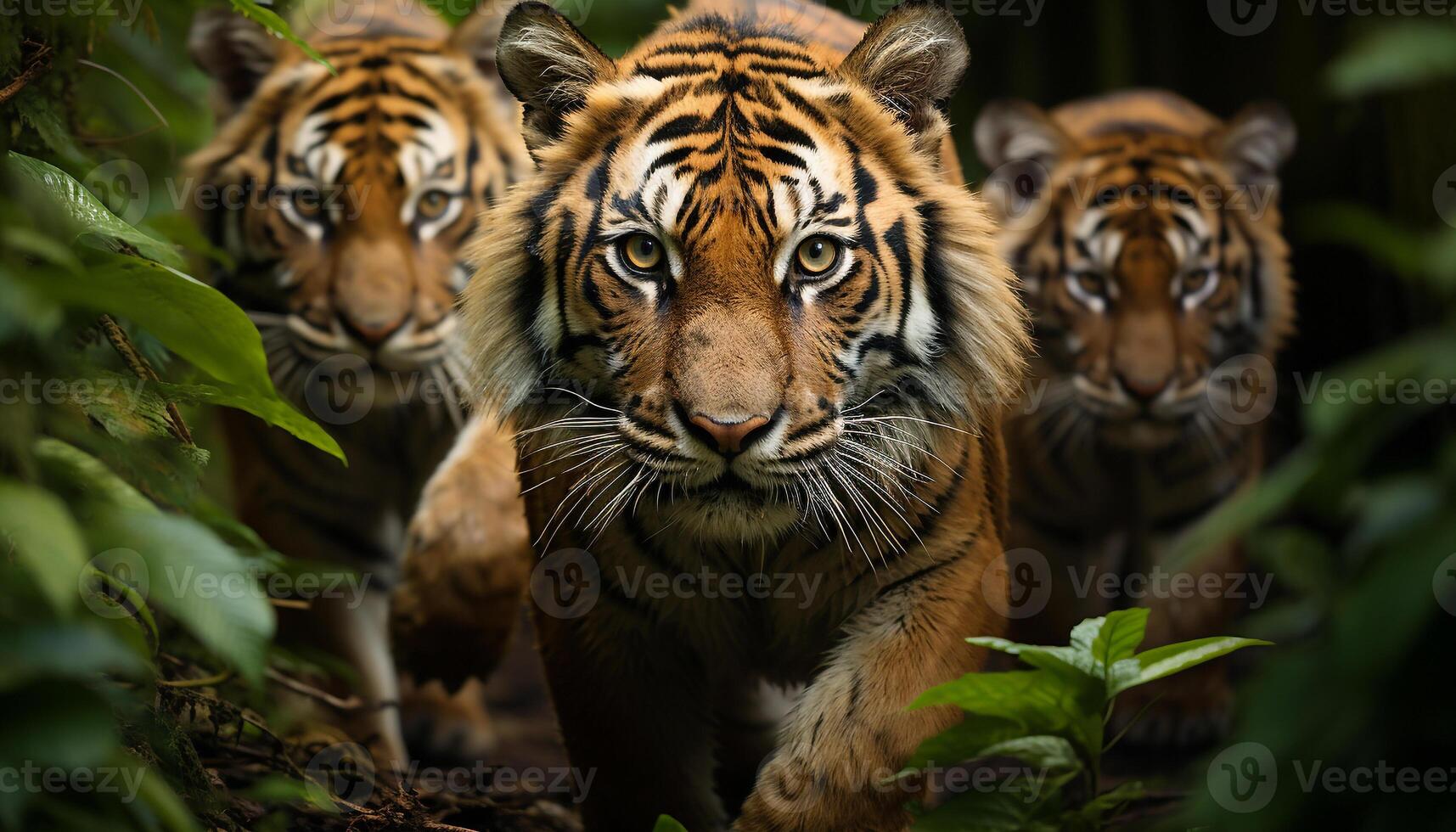 AI generated Bengal tiger, fierce and majestic, roams the tropical rainforest generated by AI photo