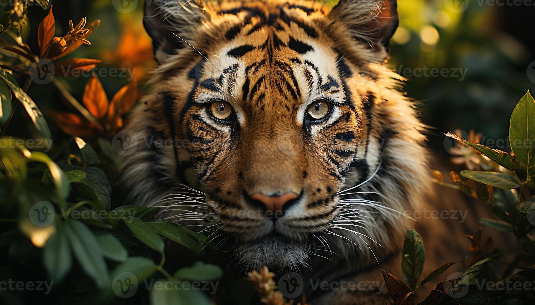 AI generated Majestic Bengal tiger hiding in tropical rainforest, staring fiercely generated by AI photo