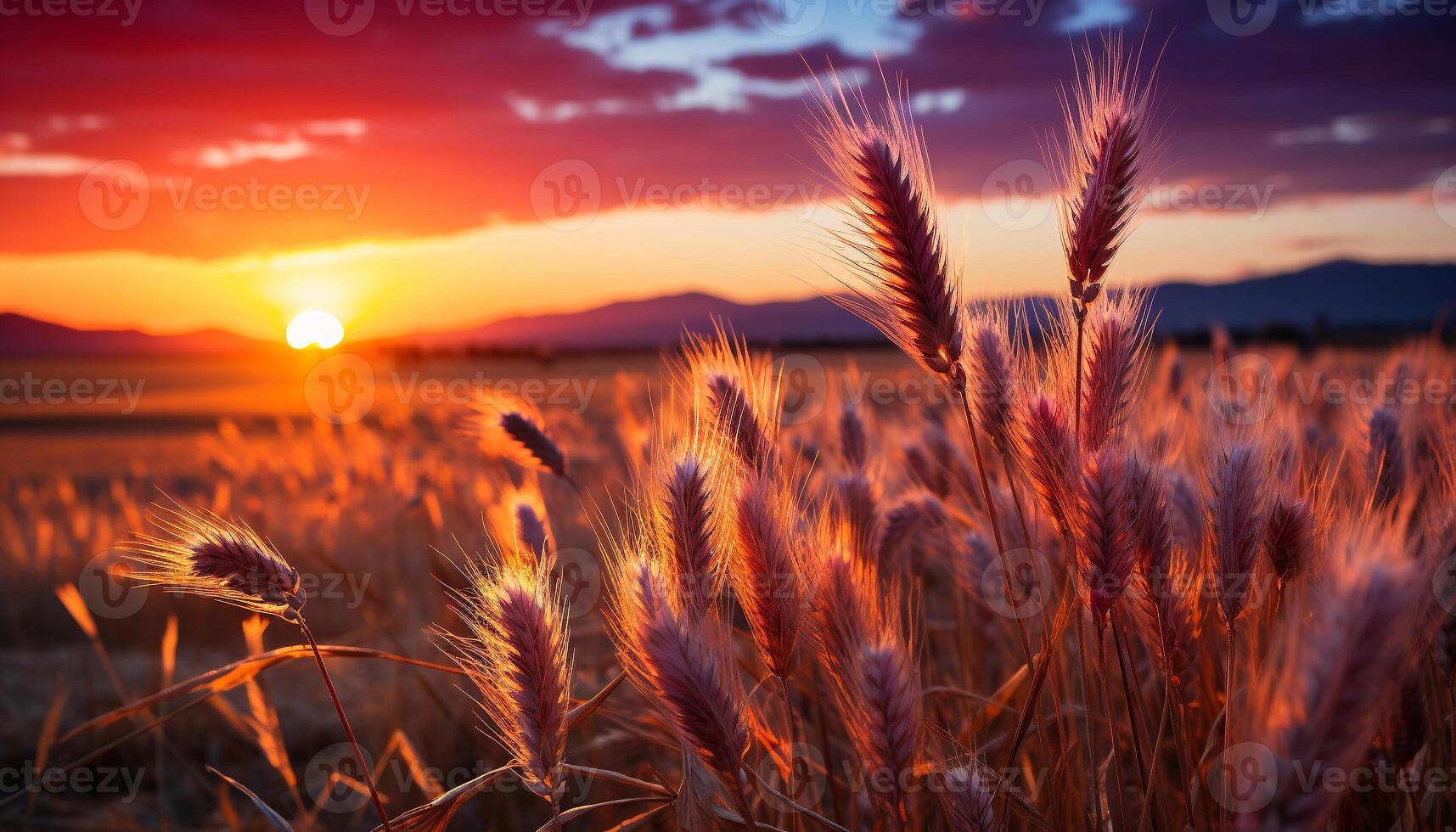 ai generado puesta de sol terminado el prado, naturaleza belleza en dorado silueta generado por ai foto