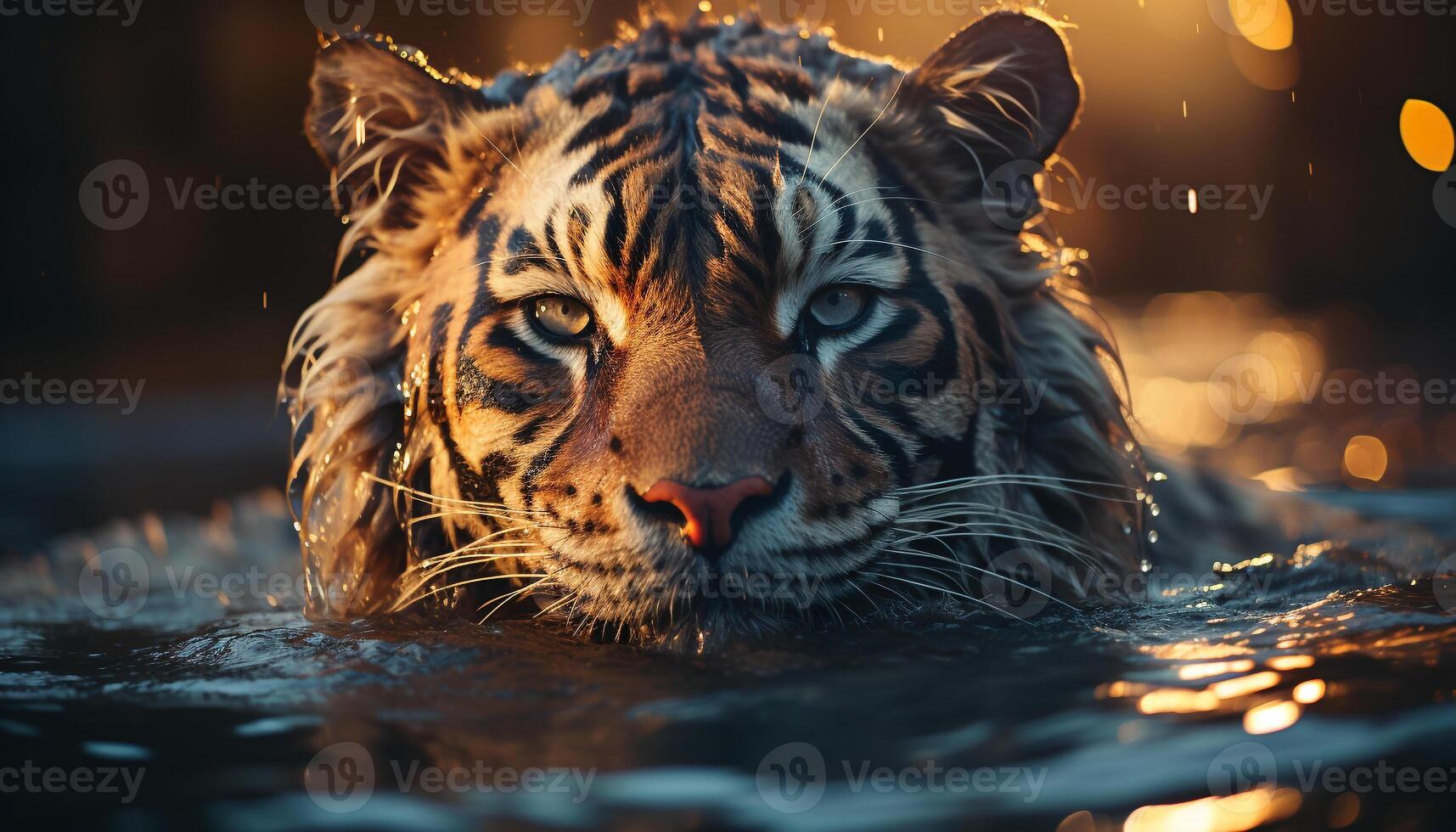 AI generated A majestic Bengal tiger, close up, staring into the water generated by AI photo