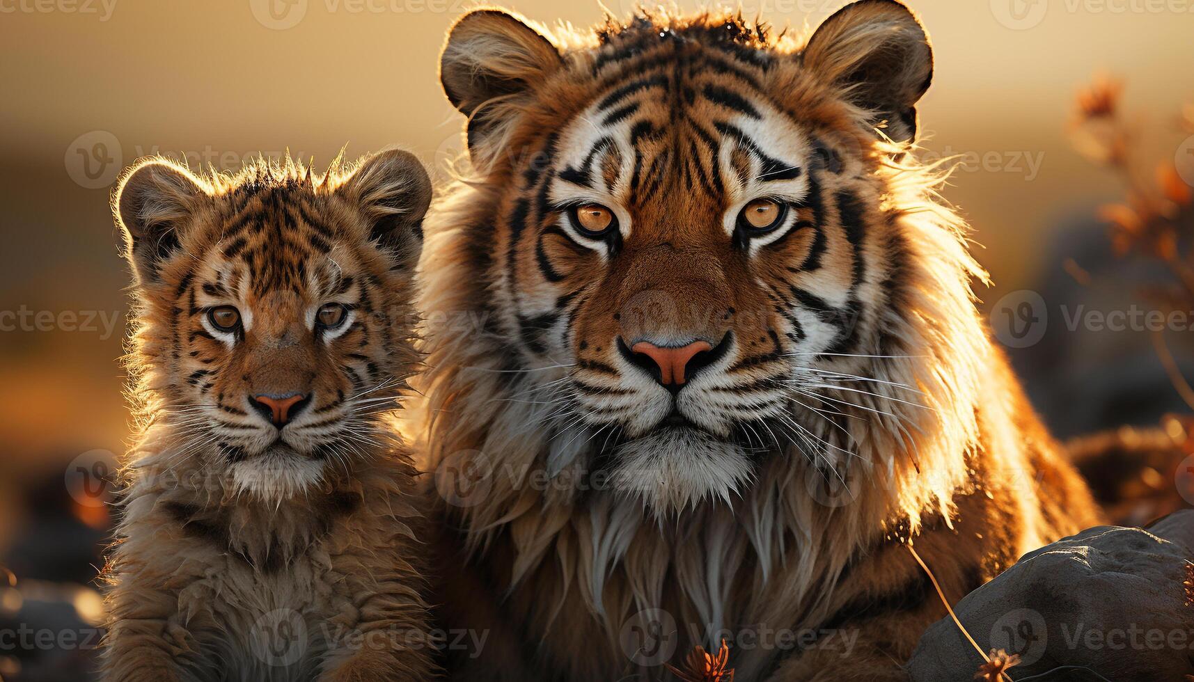AI generated Bengal tiger, majestic and cute, staring at camera generated by AI photo