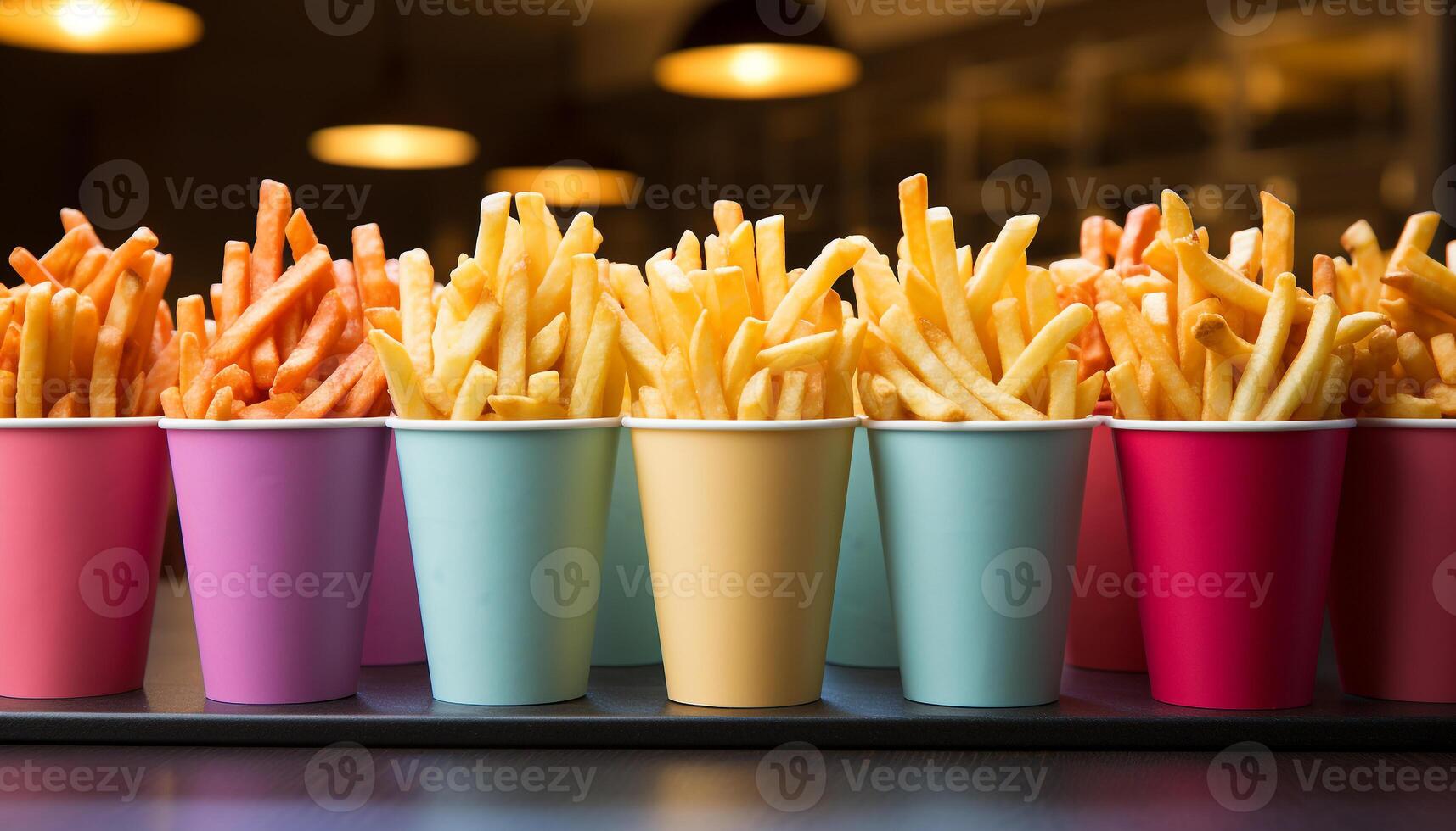 AI generated A stack of fries, meal on table, refreshing drink generated by AI photo