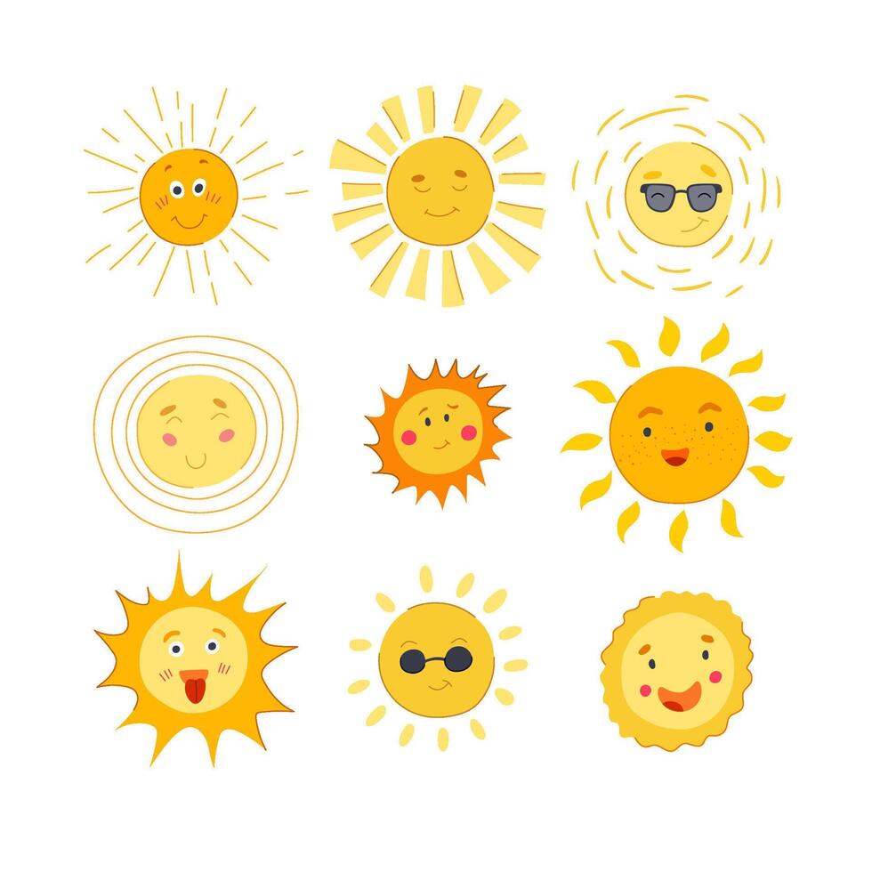 sun character set cartoon vector illustration