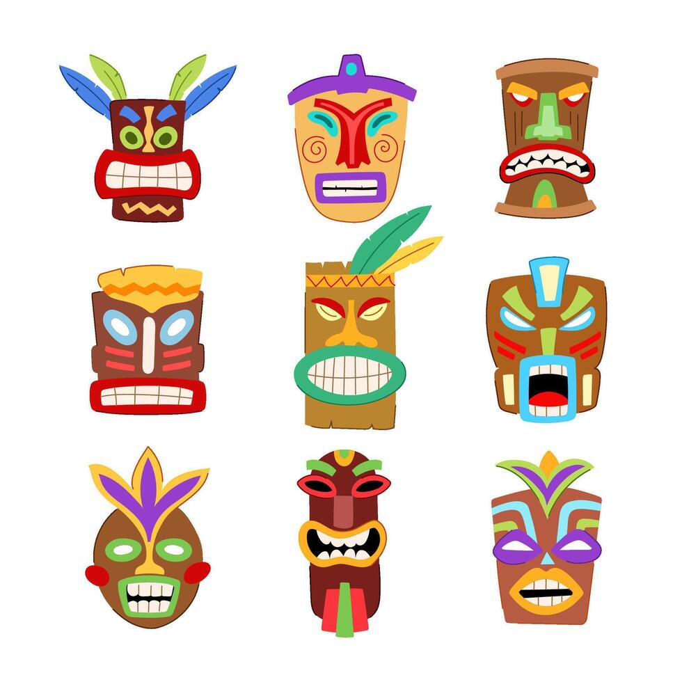 tiki máscara conjunto dibujos animados vector ilustración