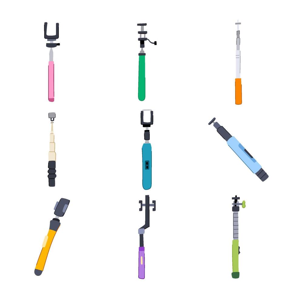 selfie stick set cartoon vector illustration