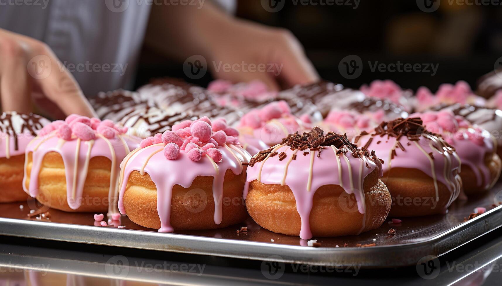 AI generated Homemade donut, chocolate icing, sweet temptation, indulgence celebration generated by AI photo