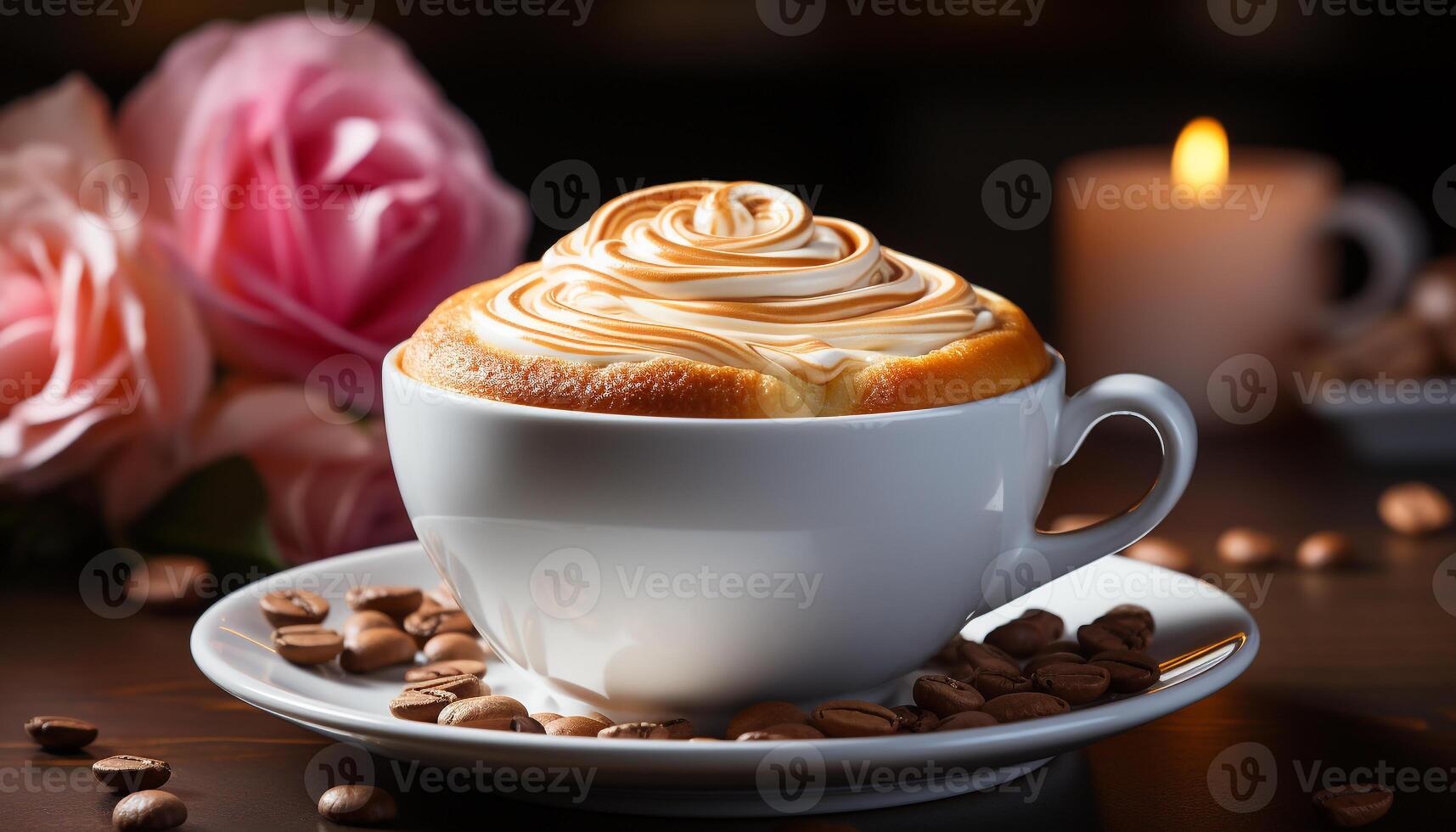 AI generated Aromatic coffee cup on wood table, love in the air generated by AI photo