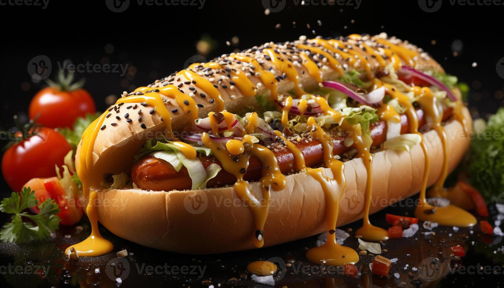 AI generated Grilled meat, tomato, freshness on bun, gourmet indulgence generated by AI photo