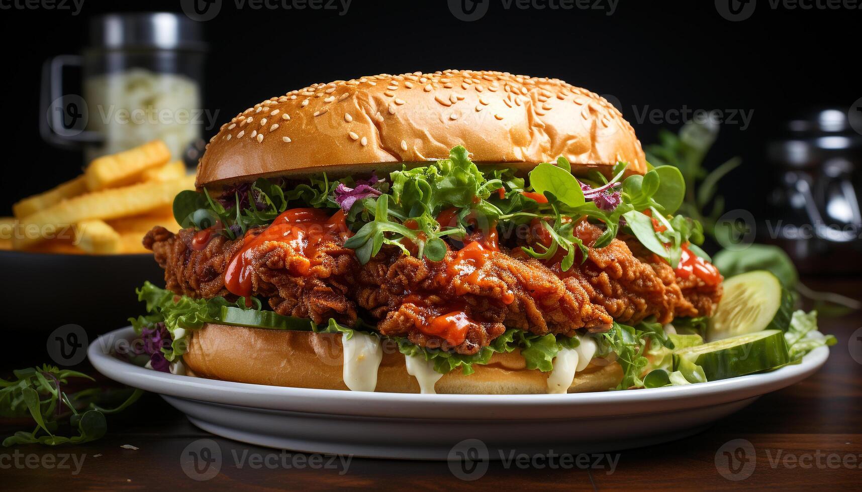 ai generado A la parrilla carne de vaca hamburguesa en gastrónomo un pan con Fresco tomate generado por ai foto