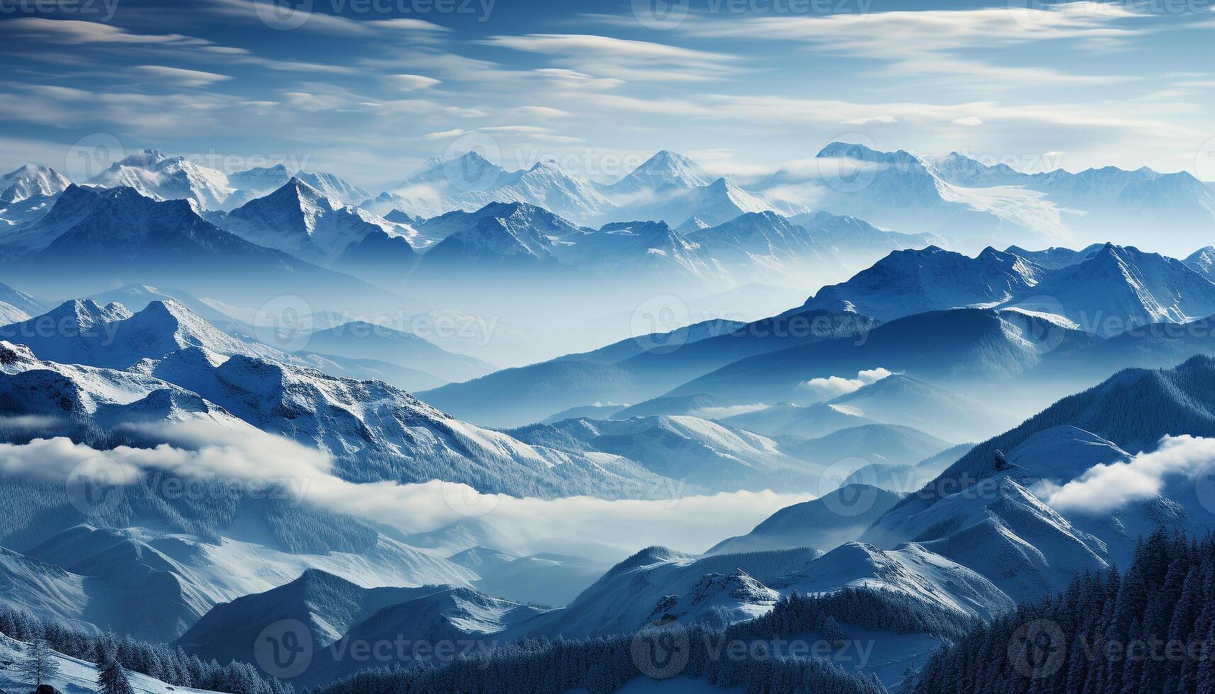 AI generated Majestic mountain peak, snow covered landscape, tranquil scene generated by AI photo