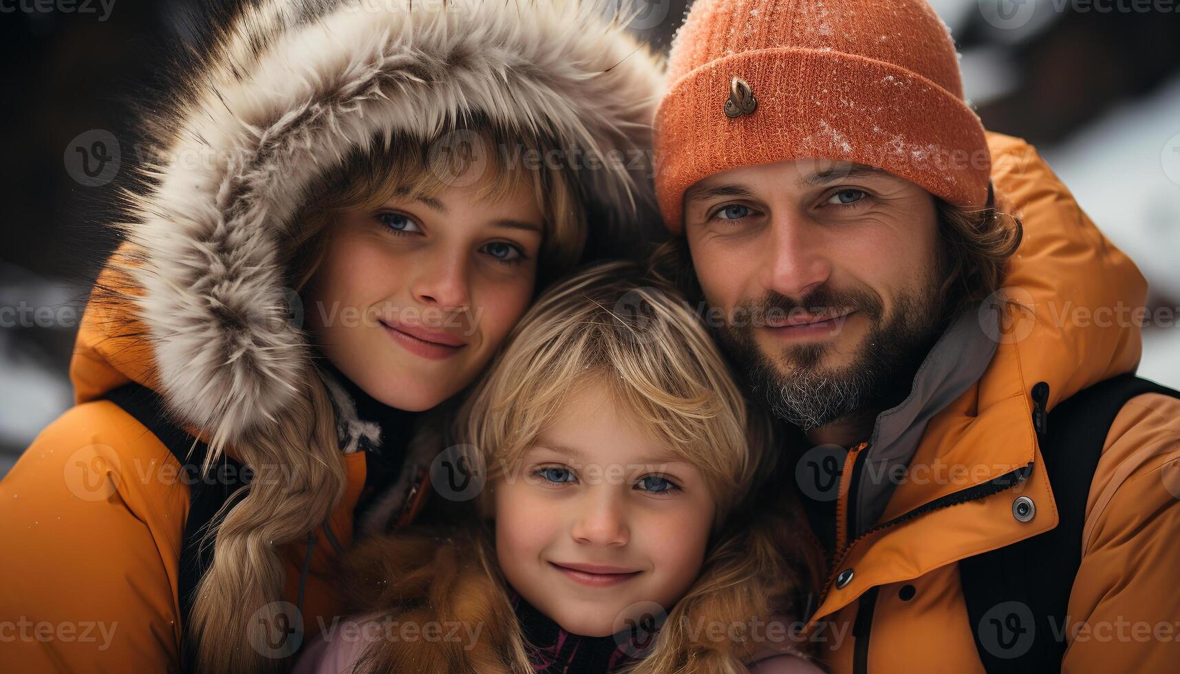 ai generado un contento familia abraza en el invierno nieve generado por ai foto