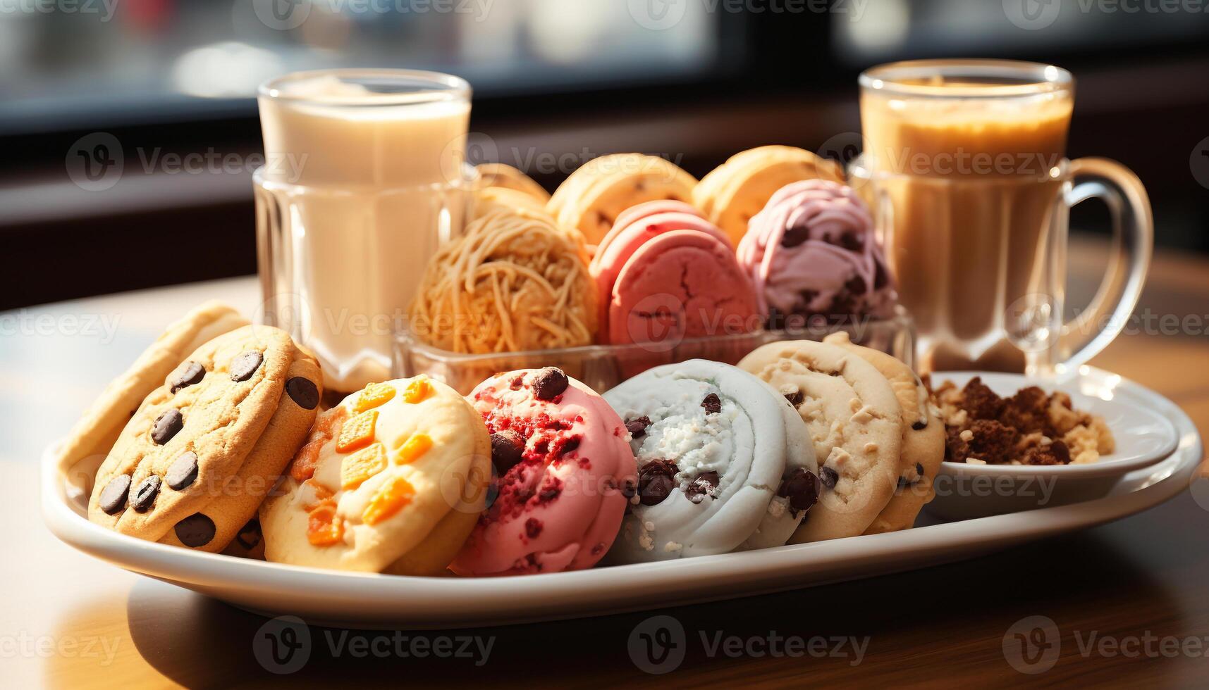 ai generado recién horneado chocolate chip galletas en un de madera mesa generado por ai foto