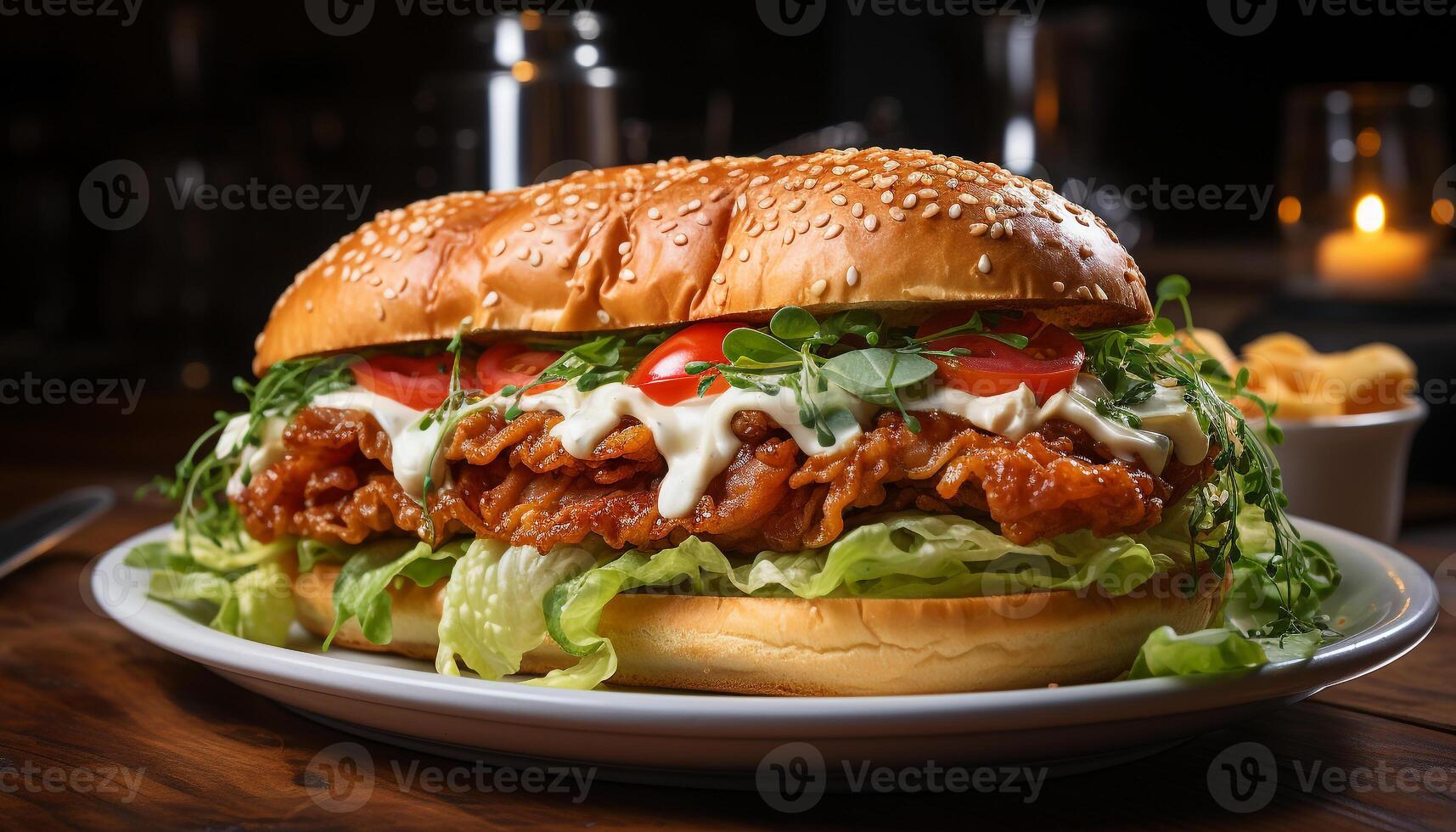 AI generated Grilled beef burger on a wooden table, ready to eat freshness generated by AI photo