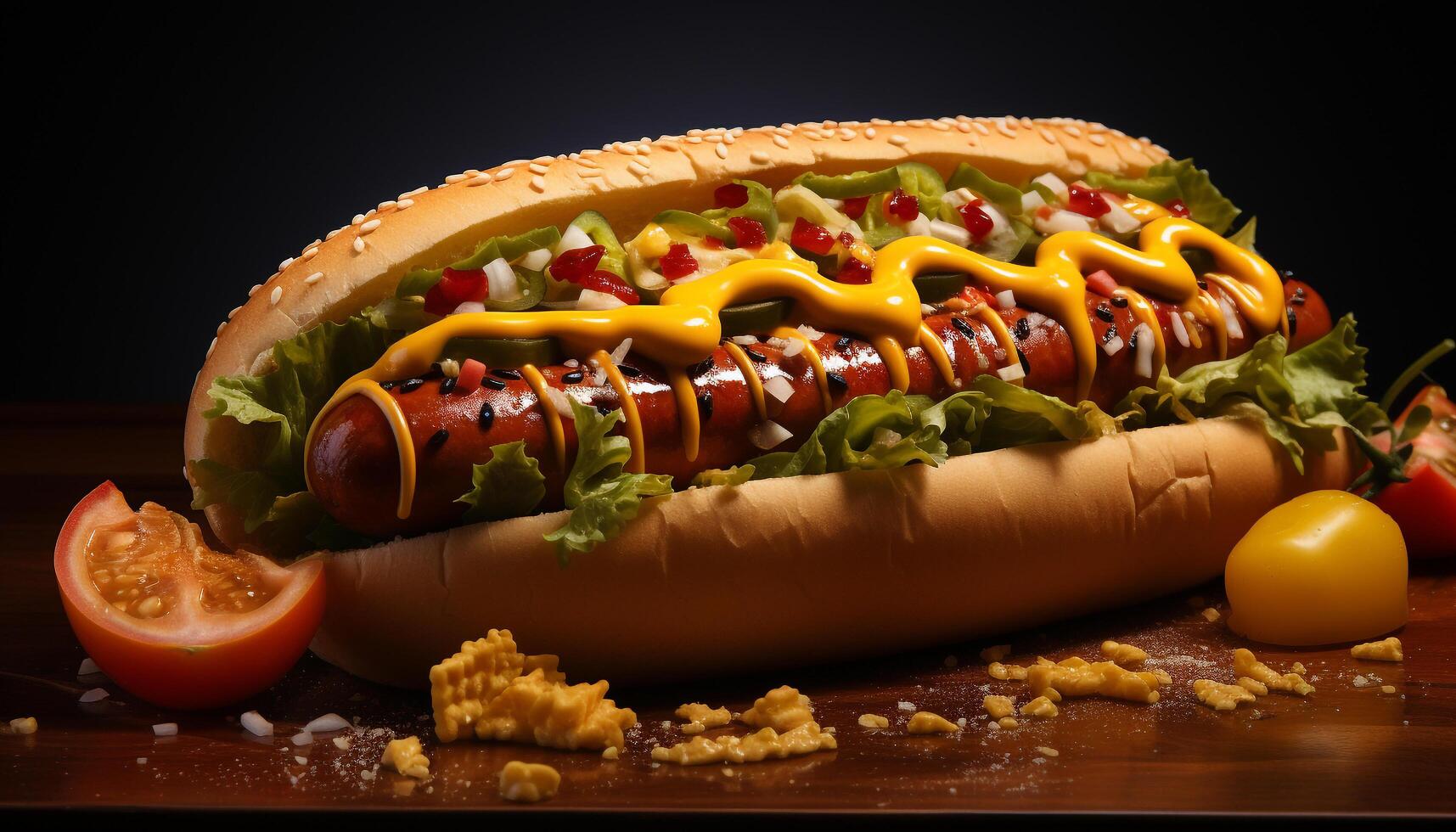 AI generated Grilled hot dog on bun with meat, tomato, and ketchup generated by AI photo