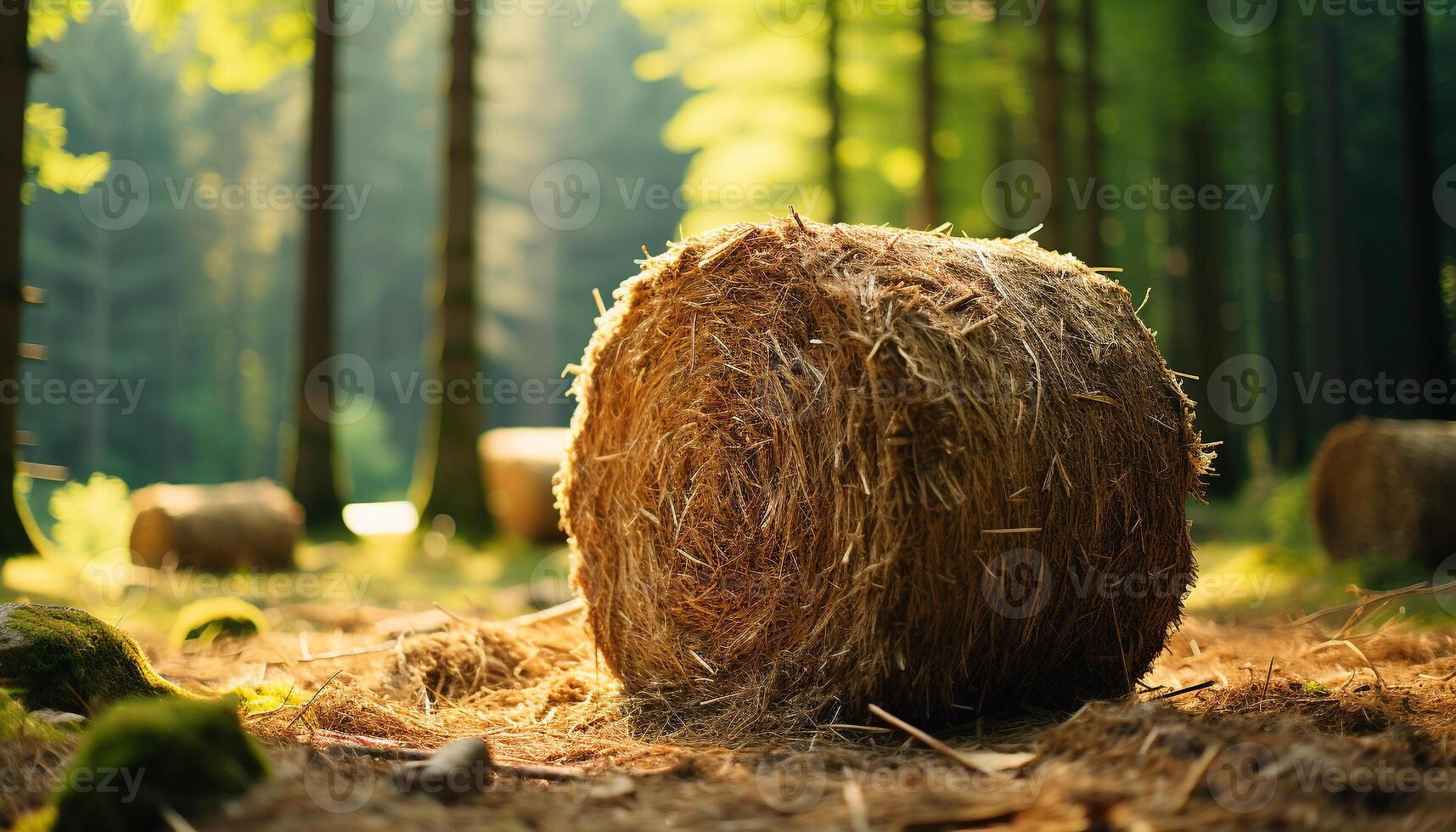 AI generated A rural scene in summer hay bales stack on meadow generated by AI photo