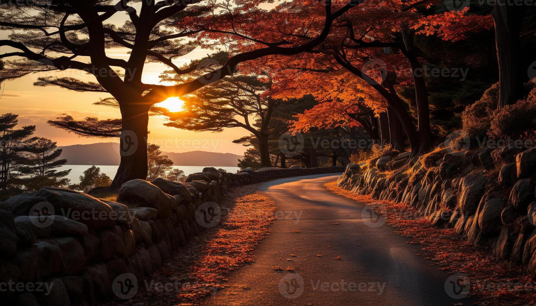 AI generated Tranquil autumn forest, vibrant sunset paints nature beauty generated by AI photo