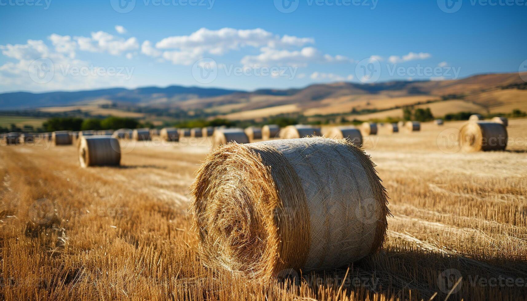 AI generated Agriculture beauty in nature rolled up haystacks in meadow generated by AI photo