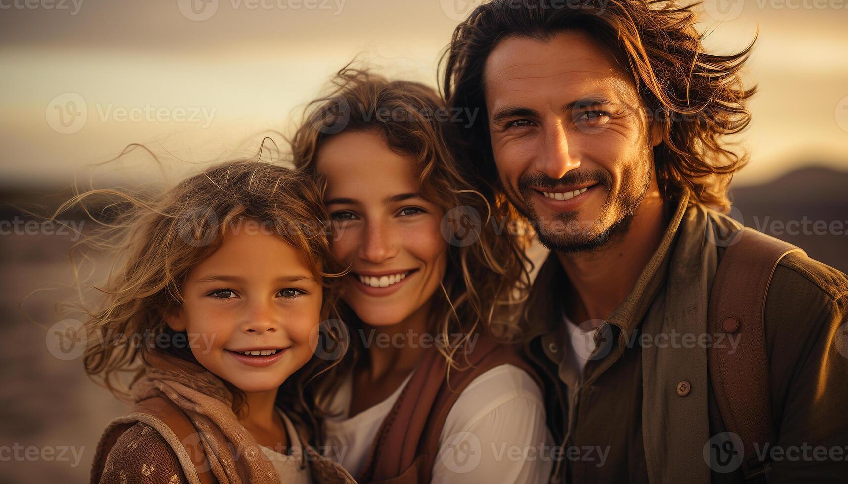 AI generated A happy family enjoying nature, smiling and looking at camera generated by AI photo