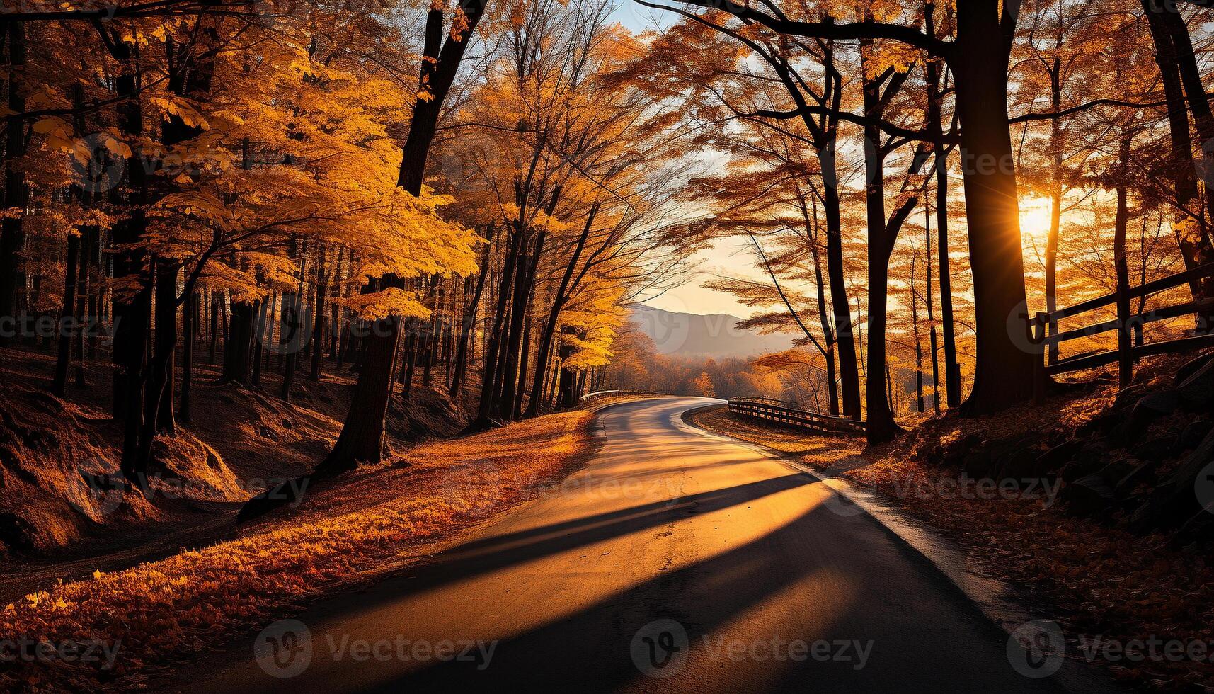 AI generated Autumn tree, forest, sunlight vibrant colors, tranquil journey generated by AI photo