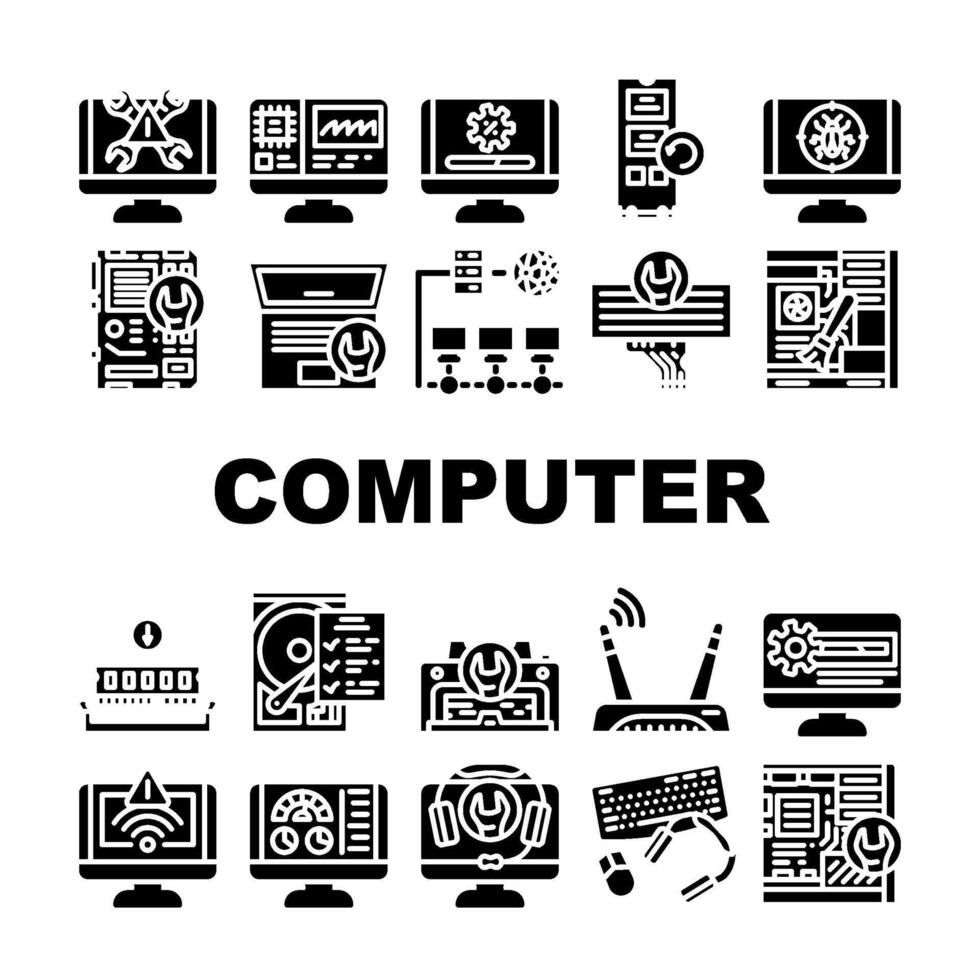 computadora reparar técnico ordenador personal íconos conjunto vector