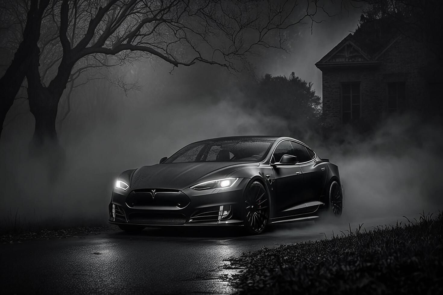 AI generated Polished shiny beautiful black car on dark isolated background for website or print design generative AI photo