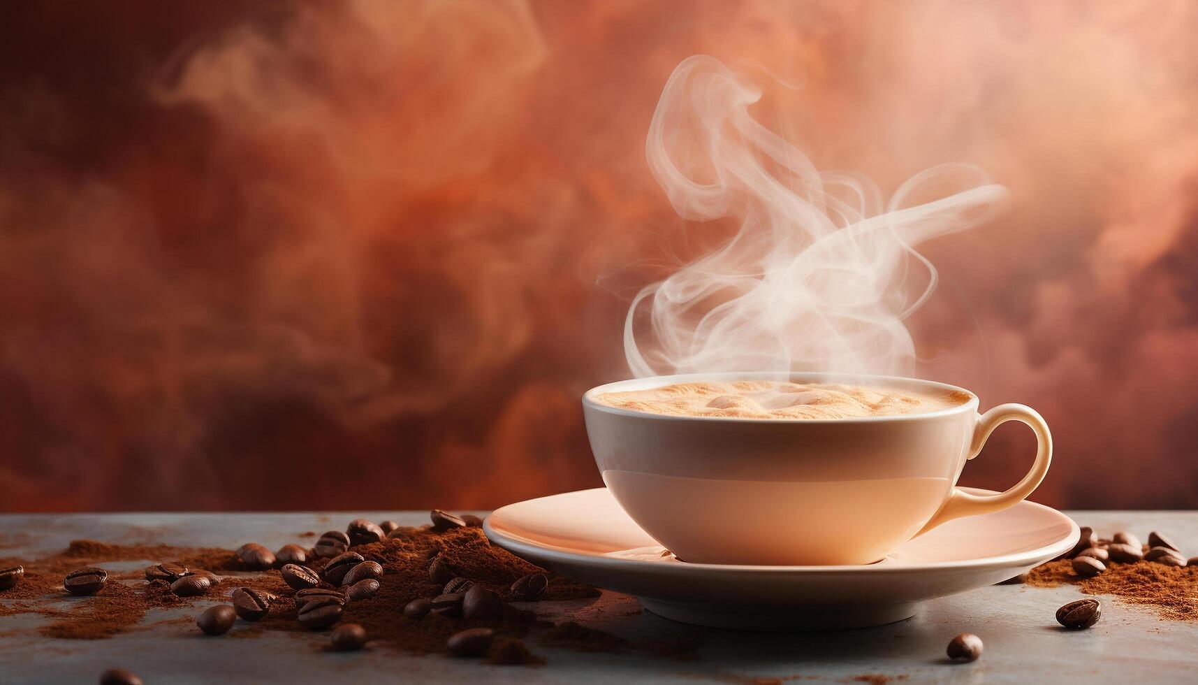 AI generated Hot coffee steams on wood table, a fragrant relaxation generated by AI photo