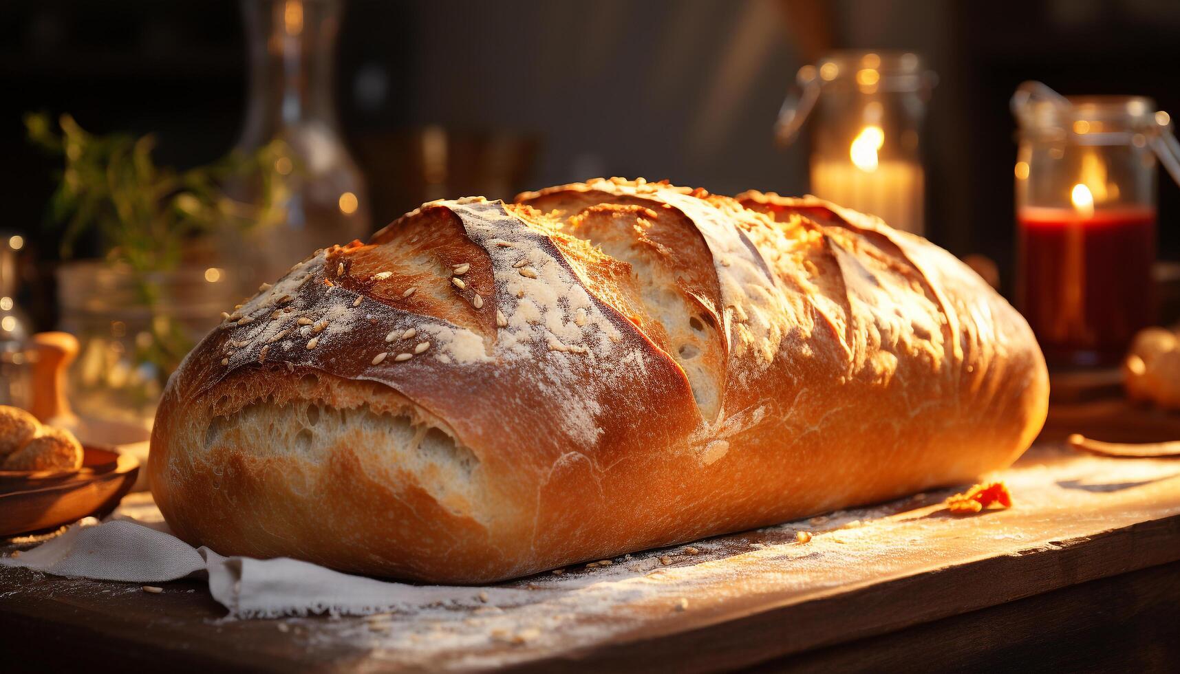 AI generated Freshly baked bread on rustic wood table, ready to eat homemade meal generated by AI photo