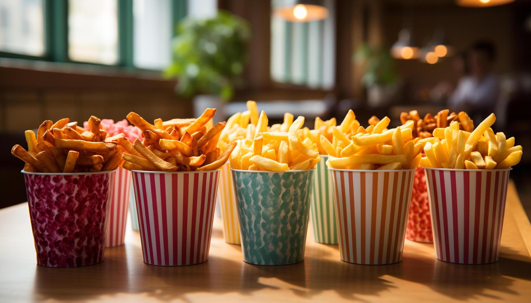 ai generado rápido comida restaurante sirve insalubre comida con papas fritas y bebida generado por ai foto