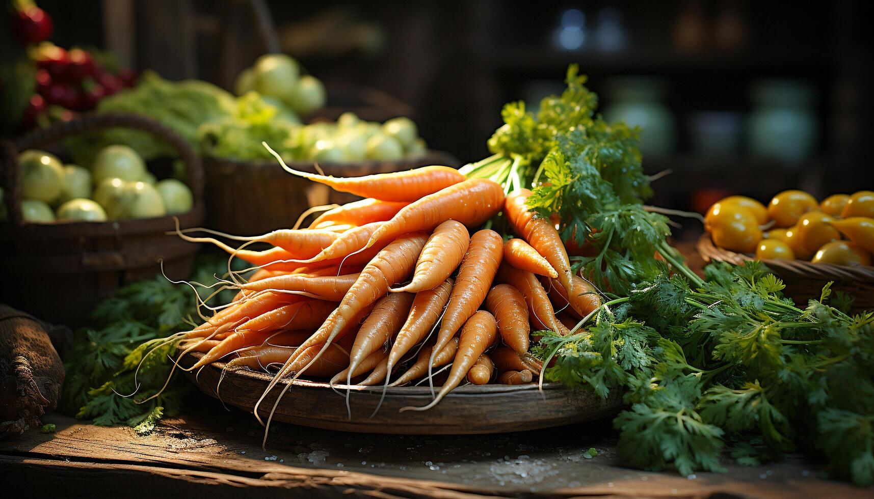 AI generated Fresh, organic vegetables on rustic wooden table, healthy eating outdoors generated by AI photo