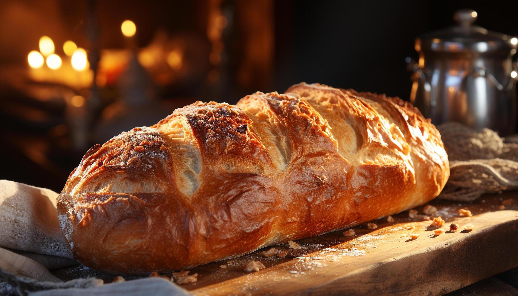 AI generated Freshly baked bread on wooden table, ready to eat and delicious generated by AI photo