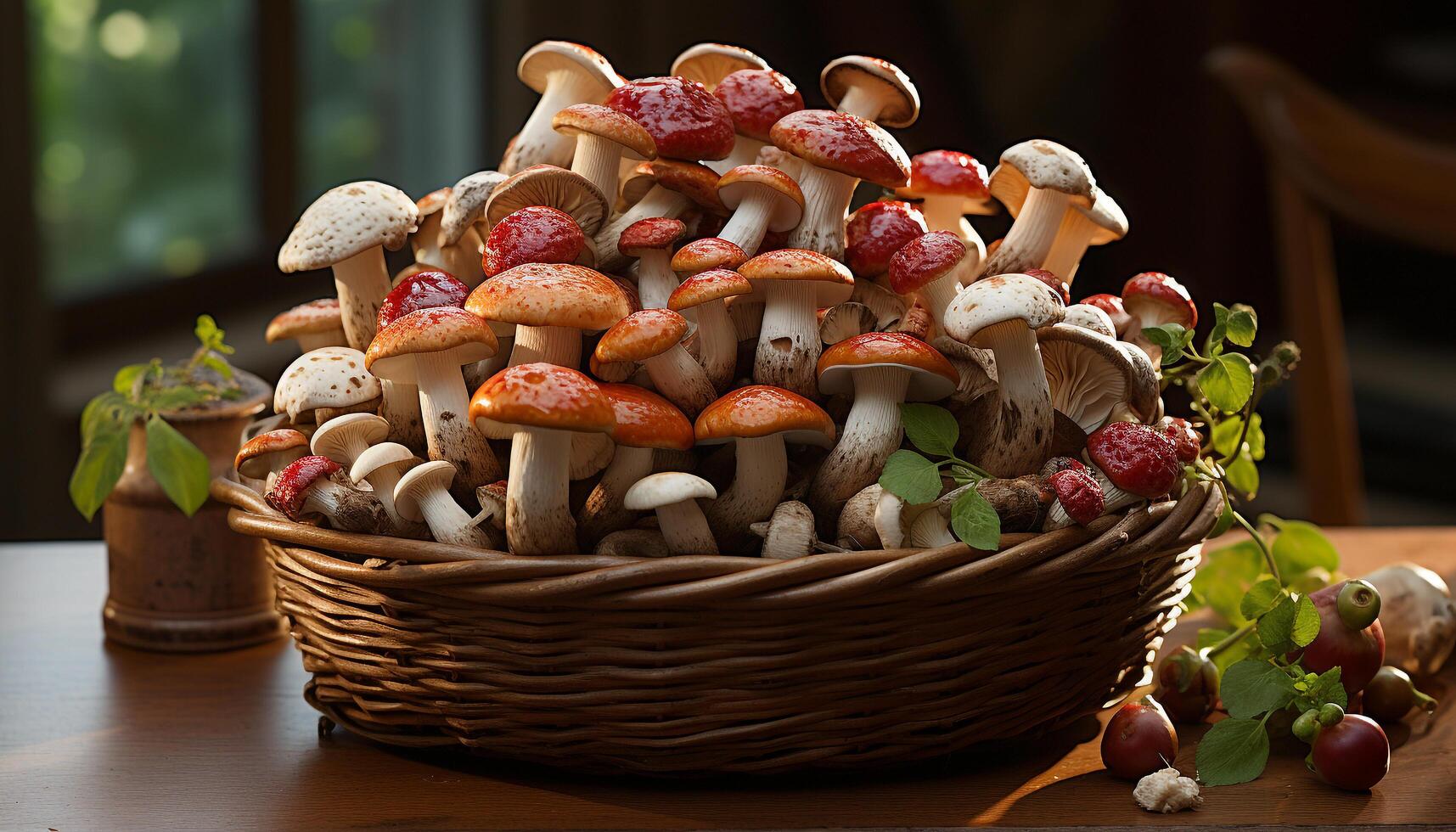 AI generated Fresh autumn mushrooms in a wicker basket, a healthy gourmet meal generated by AI photo