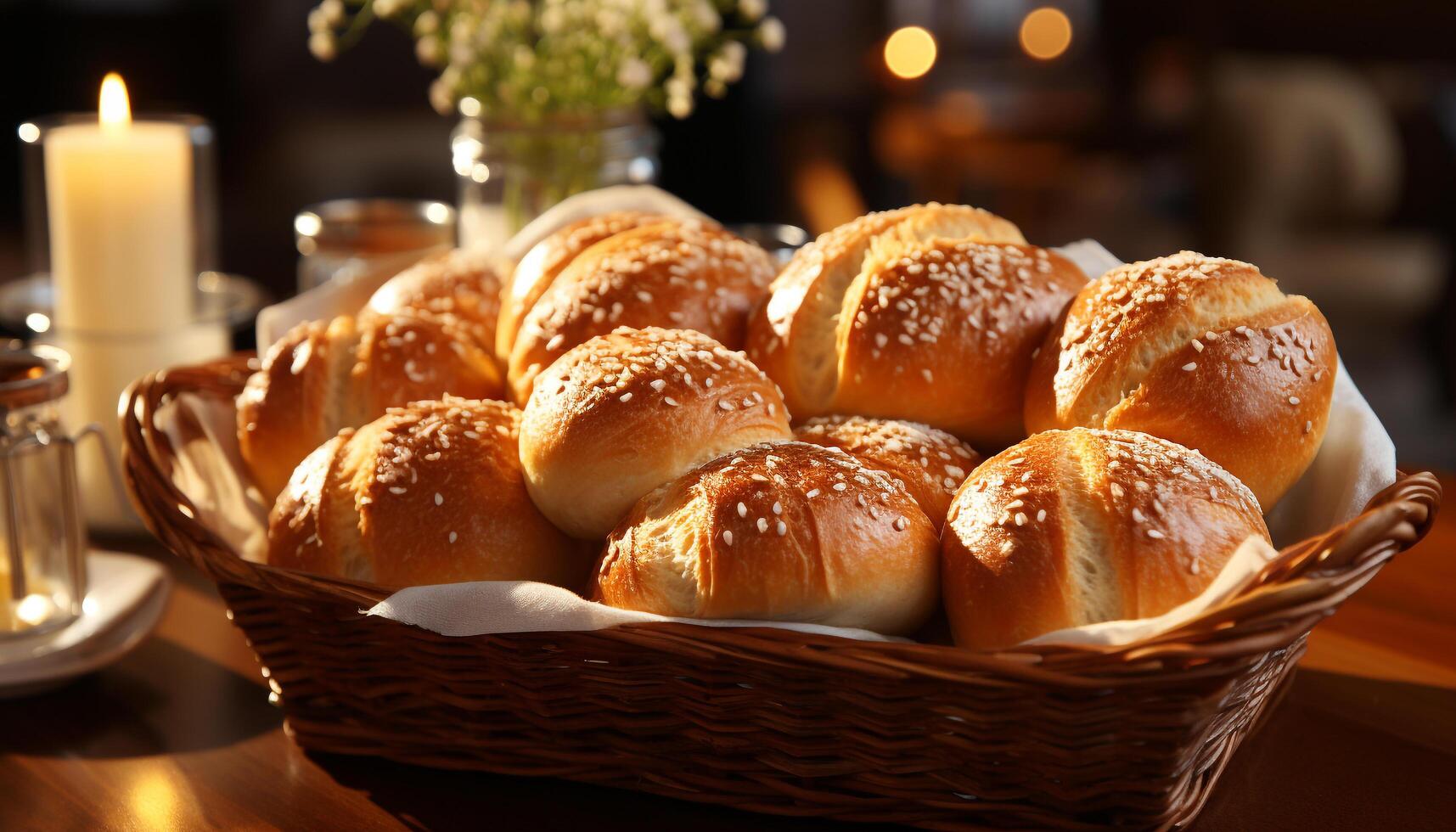 AI generated Freshly baked homemade bread on rustic wooden table, ready to eat snack generated by AI photo