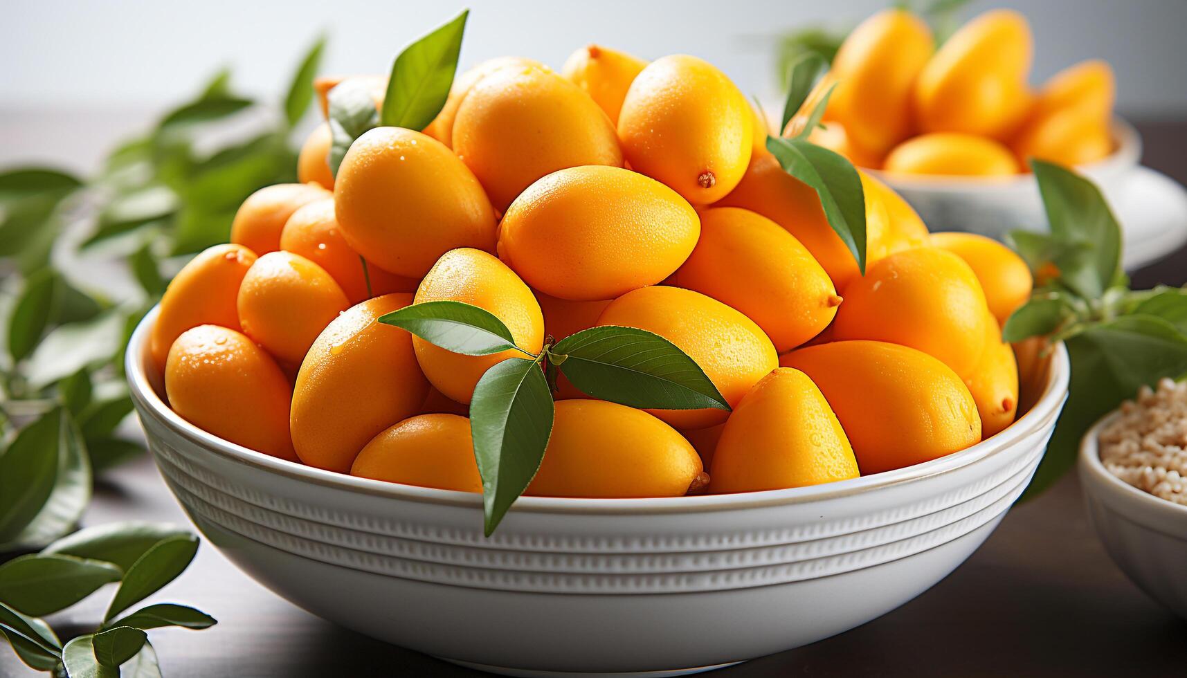 AI generated Freshness and nature in a bowl of vibrant, juicy citrus fruit generated by AI photo