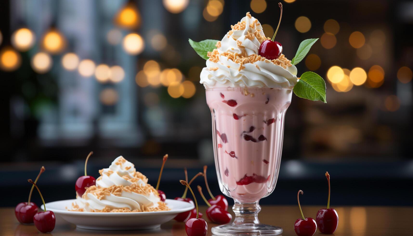 AI generated Indulgent summer dessert fresh berries, whipped cream, and chocolate generated by AI photo