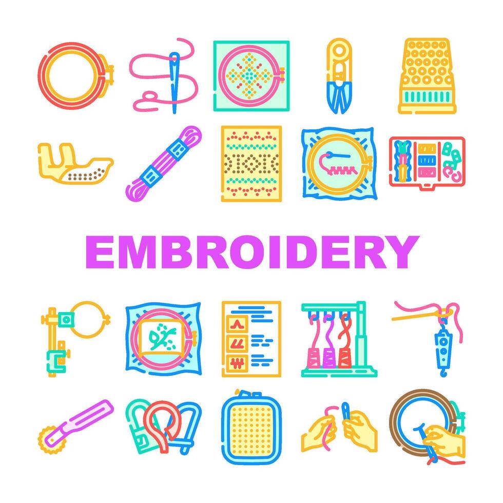 embroidery thread fabric needle icons set vector