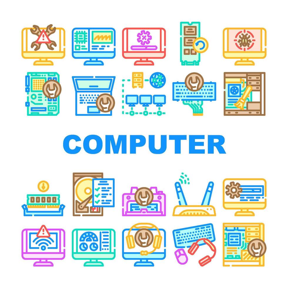 computer repair technician pc icons set vector