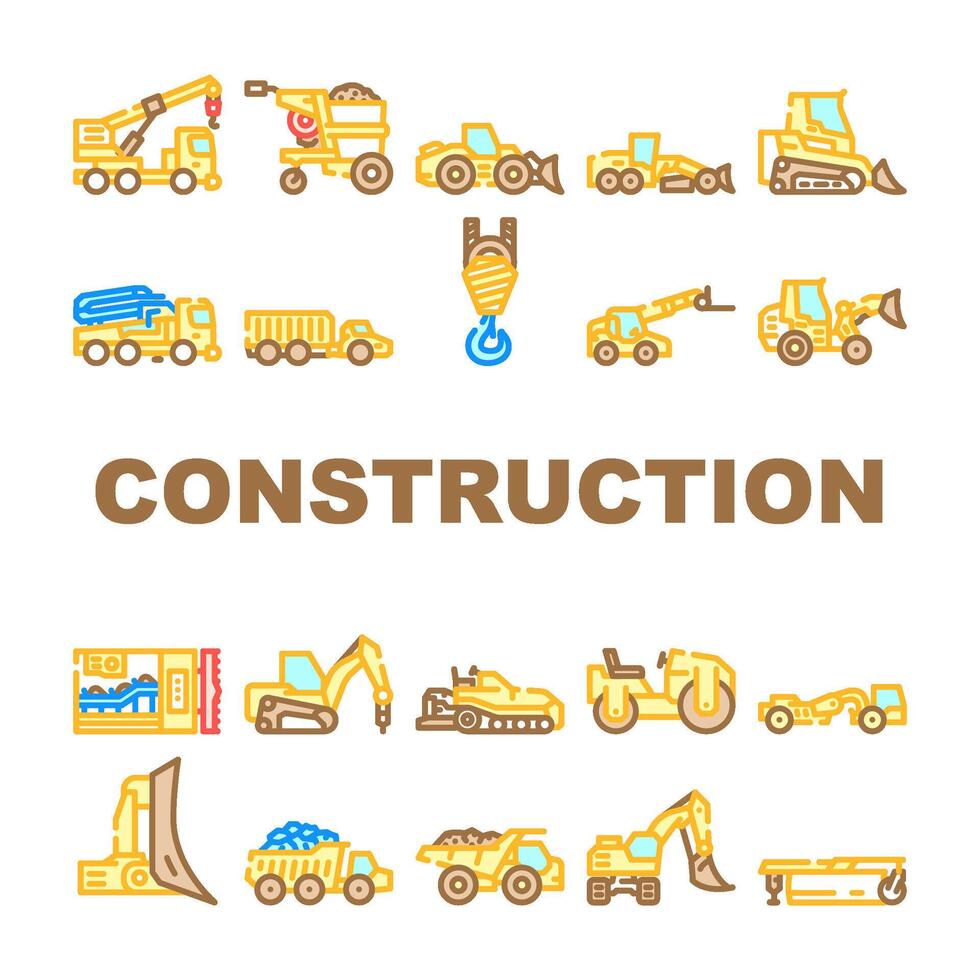 construction vehicle heavy icons set vector