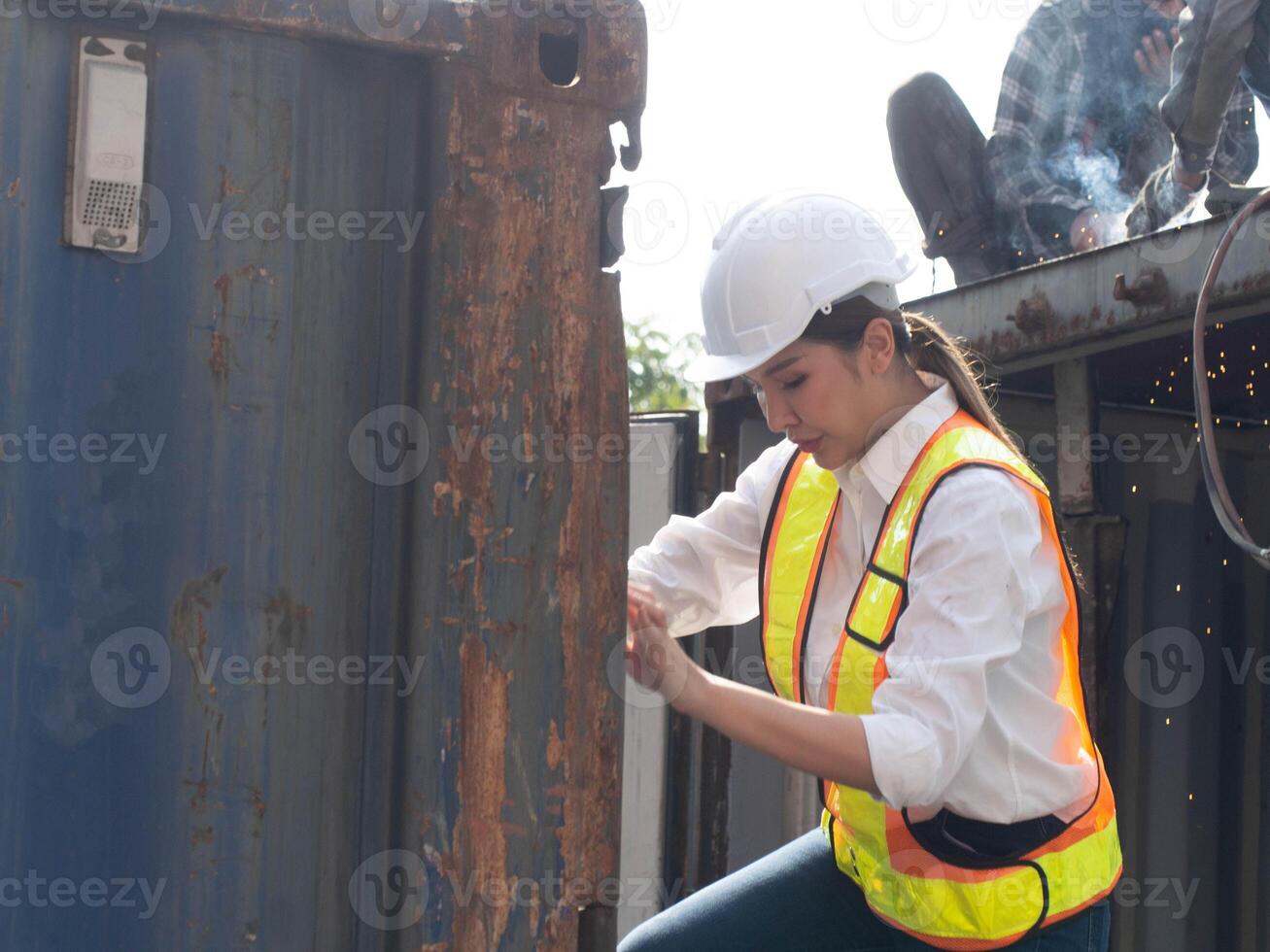 Female male woman man lady person people human ladder staircase white hardhat helmet safety container constructor idea check list check up order control businesswoman industry occupation copy space photo