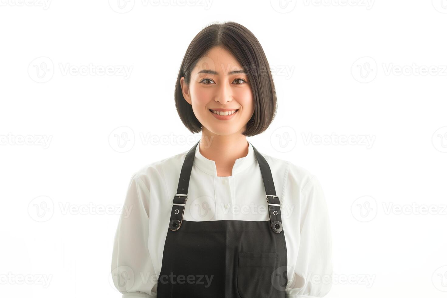 ai generado un japonés mujer con corto Beto pelo vistiendo un blanco blusa y un negro delantal foto