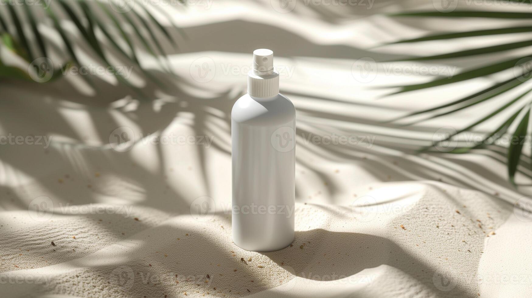 ai generado blanco blanco botella cosmético protección de la piel maquillaje contenedores para producto presentación en blanco arena playa foto