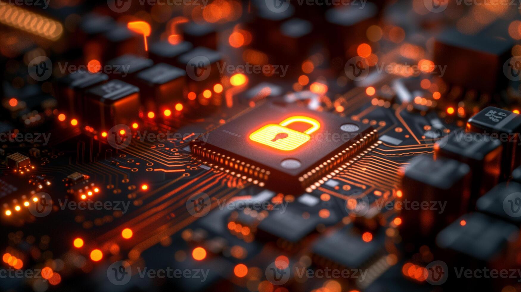 AI generated a lock symbol on a Microchip on motherboard Security Technology Concept photo