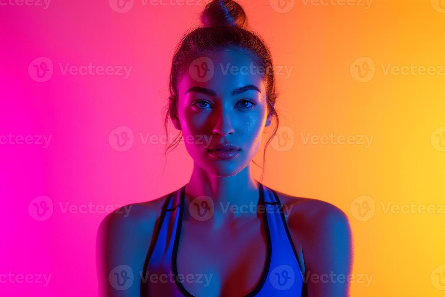 AI generated a fitness blogger standing in isolated minimalist color background dynamic fluorescent lighting photo