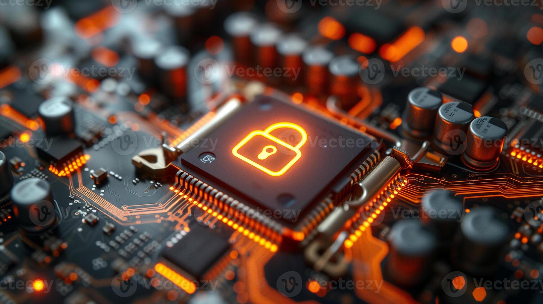 AI generated a lock symbol on a Microchip on motherboard Security Technology Concept photo