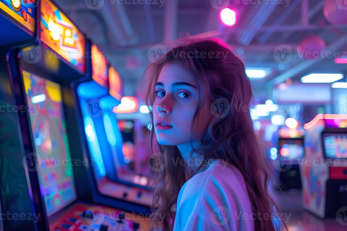 AI generated a girl playing in a retro game center with neon lights and arcade machines photo